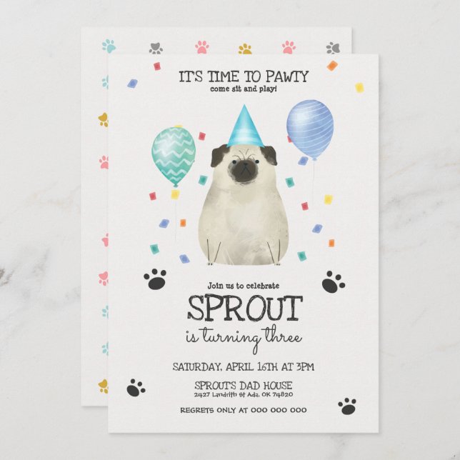 Pug Lets Pawty Dog Birthday Invitation Blue (Front/Back)