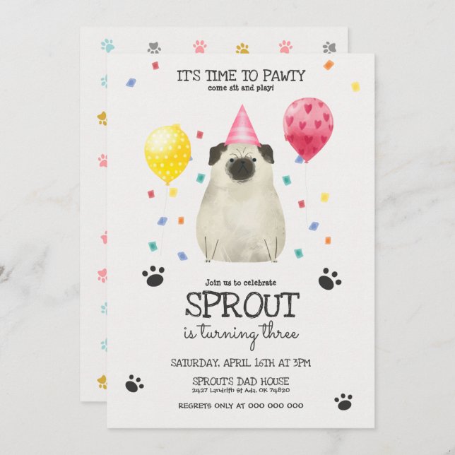 Pug Lets Pawty Dog Birthday Invitation Pink (Front/Back)