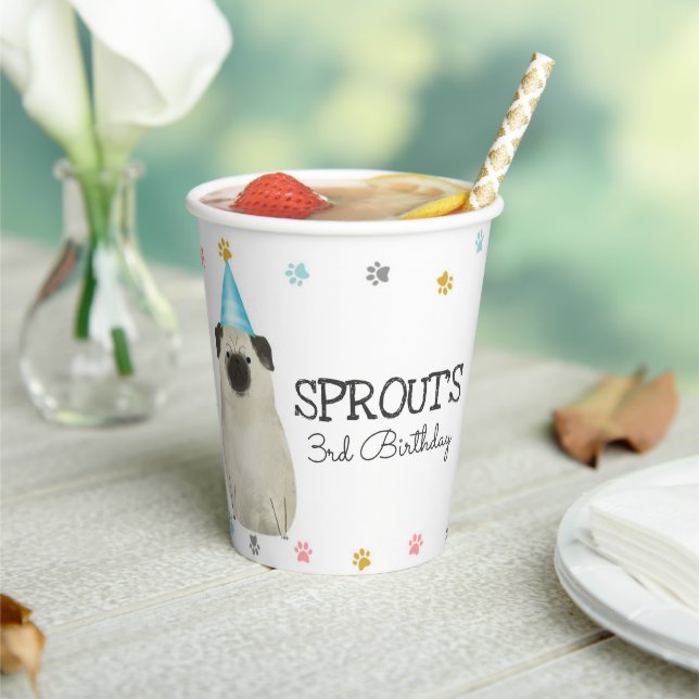 Pug Lets Pawty Dog Birthday Party Blue Paper Cup (Insitu)