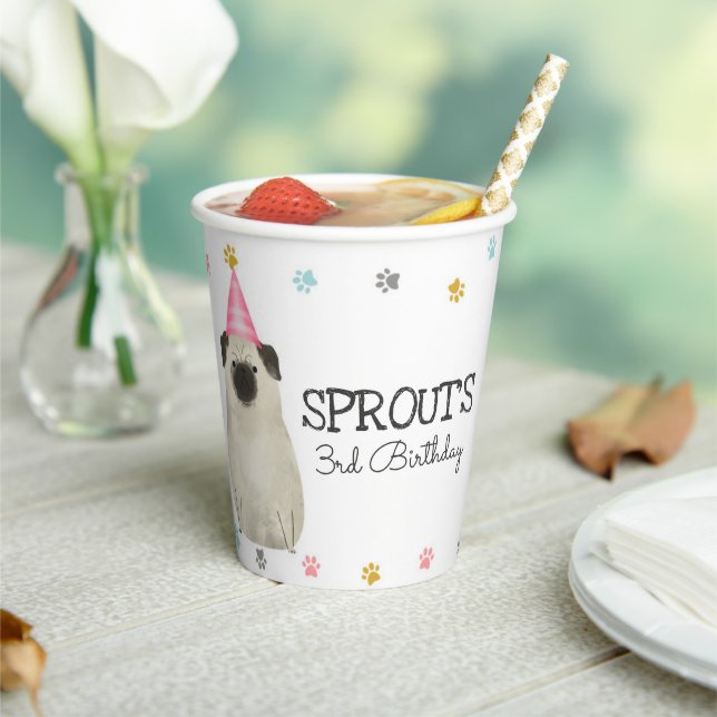 Pug Lets Pawty Dog Birthday Party Pink Paper Cup (Insitu)