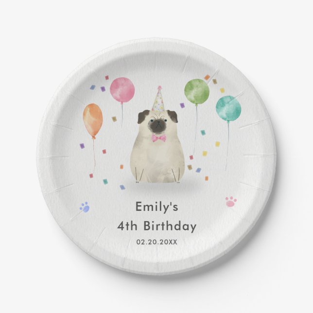 Pug Lets Puppy Dog Kids Birthday Party Paper Plate (Front)