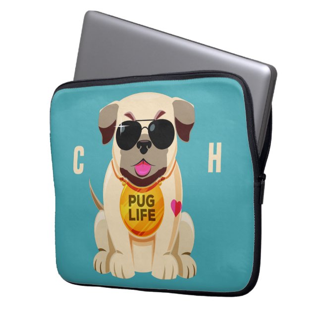 Pug Life custom name & colour laptop sleeves (Front Left)