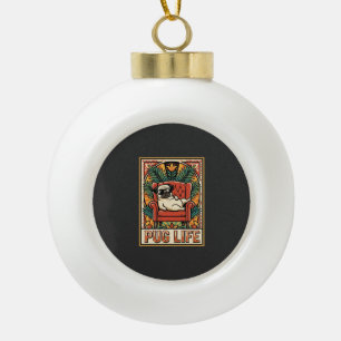 Pug Life Retro Folk Art Dog Ceramic Ball Christmas Ornament