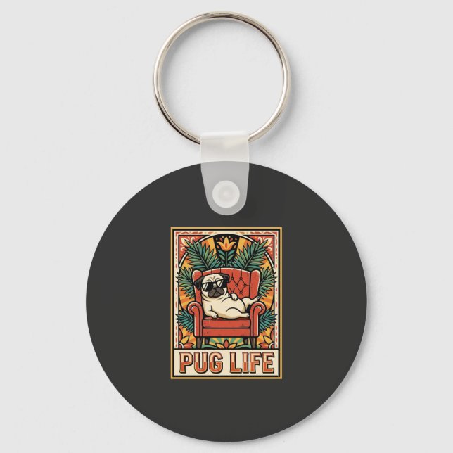 Pug Life Retro Folk Art Dog Key Ring (Front)