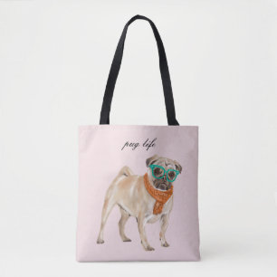 Pug Life Text Editable Hipster Pug with Glasses Tote Bag