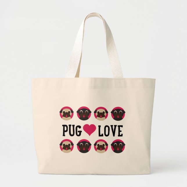 Pug Love Black & Fawn Pugs Canvas Large Tote Bag (Front)