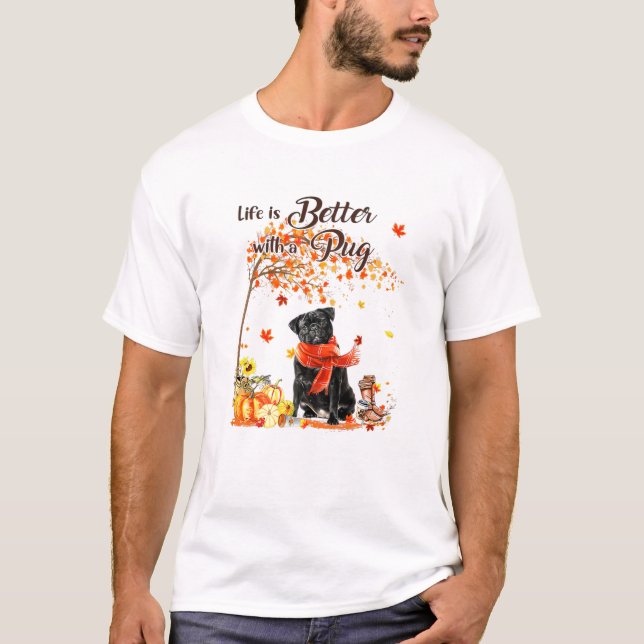 Pug Maple Tree Thanksgiving Day Cute Dog Fall T-Shirt (Front)