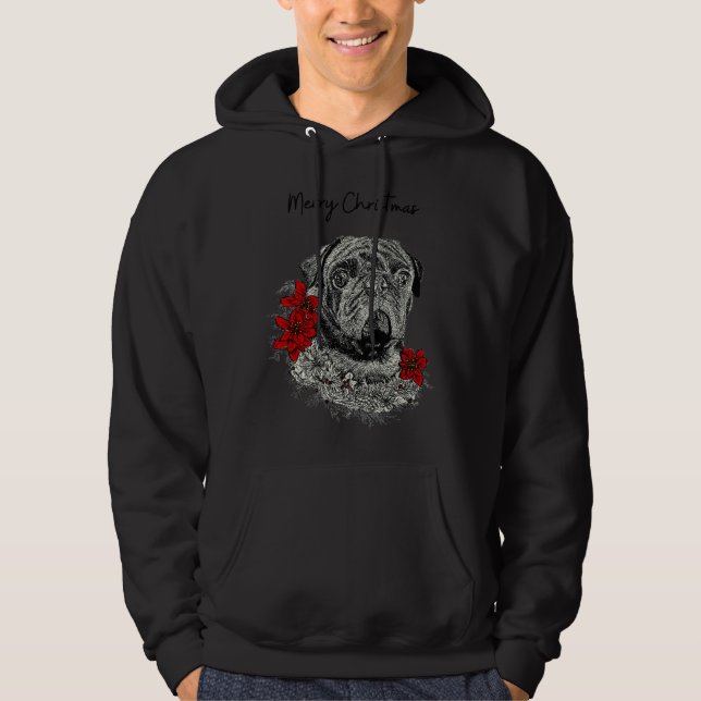 Pug Merry Christmas Design Pug in Christmas Wreath Hoodie (Front)