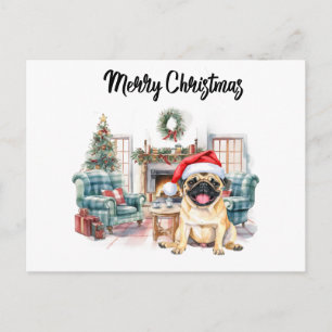 Pug Merry Christmas watercolor Postcard