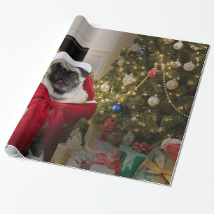 Pug Misha wearing a bow for Christmas Wrapping Paper