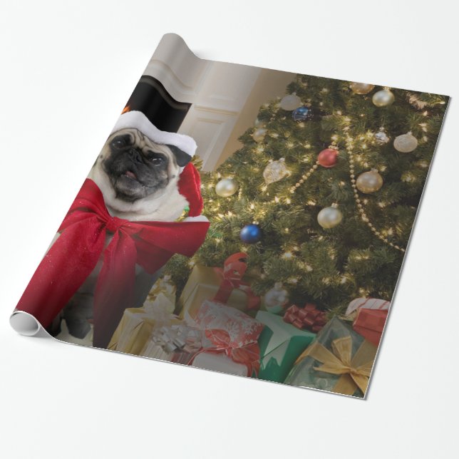 Pug Misha wearing a bow for Christmas Wrapping Paper (Unrolled)