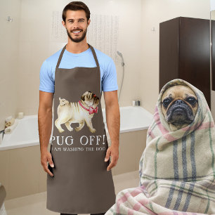 Pug off! custom name pug art dog brown apron