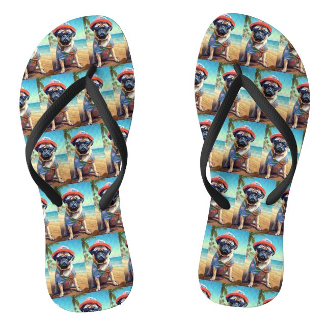 Pug on Beach, summer gift for dog lover  Jandals (Footbed)