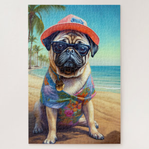 Pug on Beach, summer gift for dog lover  Jigsaw Puzzle