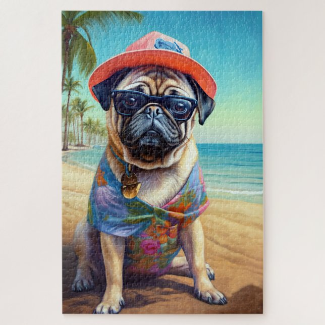Pug on Beach, summer gift for dog lover  Jigsaw Puzzle (Vertical)