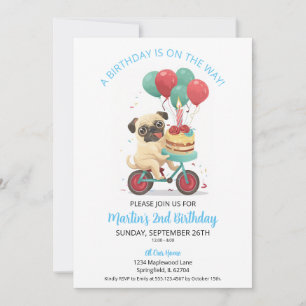 Pug on Bike with Cake 2nd Birthday Party Invitation