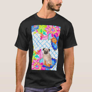 Pug on chinoiserie tobacco leaves bavkground T-Shirt