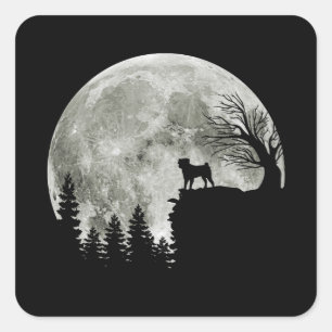 pug on mountain big moon halloween themed square sticker