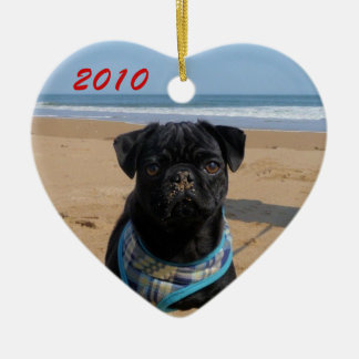 Pug on the Beach Heart Ornament
