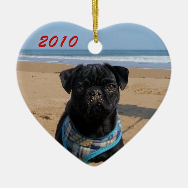 Pug on the Beach Heart Ornament (Front)