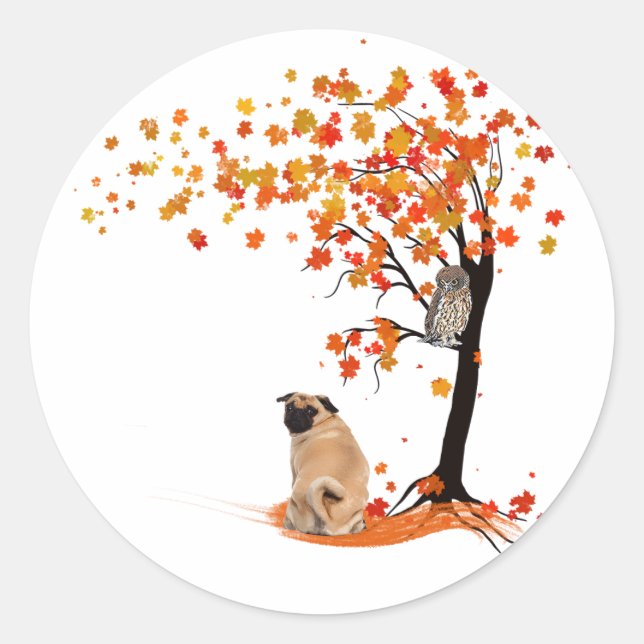 Pug Owl And Fall Tree Pug Owner Funny Pug Autumn Classic Round Sticker (Front)