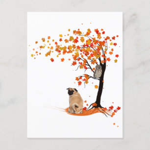 Pug Owl And Fall Tree Pug Owner Funny Pug Autumn Postcard