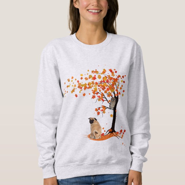 Pug Owl And Fall Tree Pug Owner Funny Pug Autumn Sweatshirt (Front)