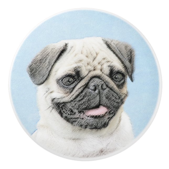 Pug Painting - Cute Original Dog Art Ceramic Knob (Front)