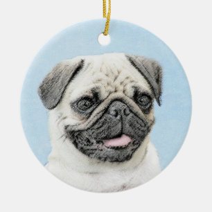 Pug Painting - Cute Original Dog Art Ceramic Tree Decoration