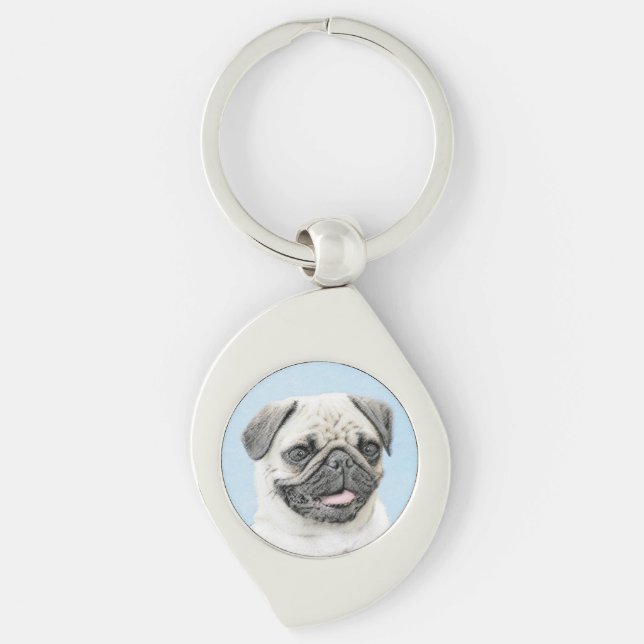 Pug Painting - Cute Original Dog Art Key Ring (Front)