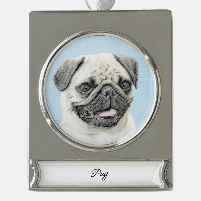 Pug Painting - Cute Original Dog Art Silver Plated Silver Plated Banner Ornament (Front)