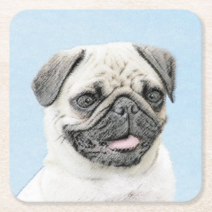 Pug Painting - Cute Original Dog Art Square Paper Coaster
