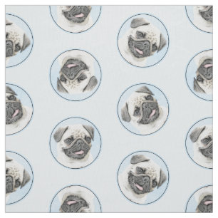 Pug Painting Fawn Silver Cute Original Pet Dog Art Fabric