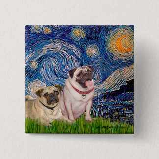 Pug Pair (fawn) - Starry Night 15 Cm Square Badge