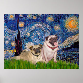 Pug Pair (fawn) - Starry Night Poster