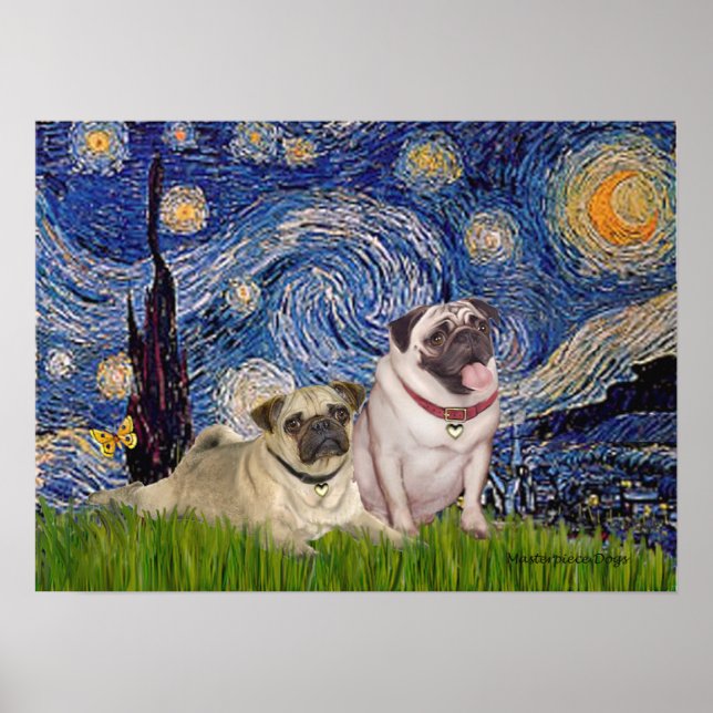 Pug Pair (fawn) - Starry Night Poster (Front)