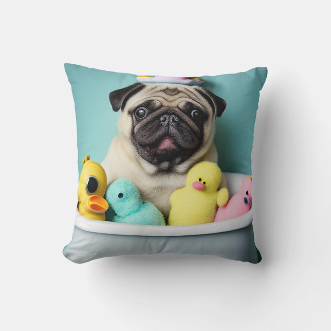 Pug Paradise: A Bathing Beauty in the Tub  Cushion (Front)