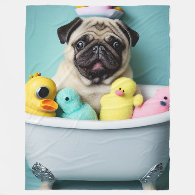 Pug Paradise: A Bathing Beauty in the Tub Fleece Blanket (Front)