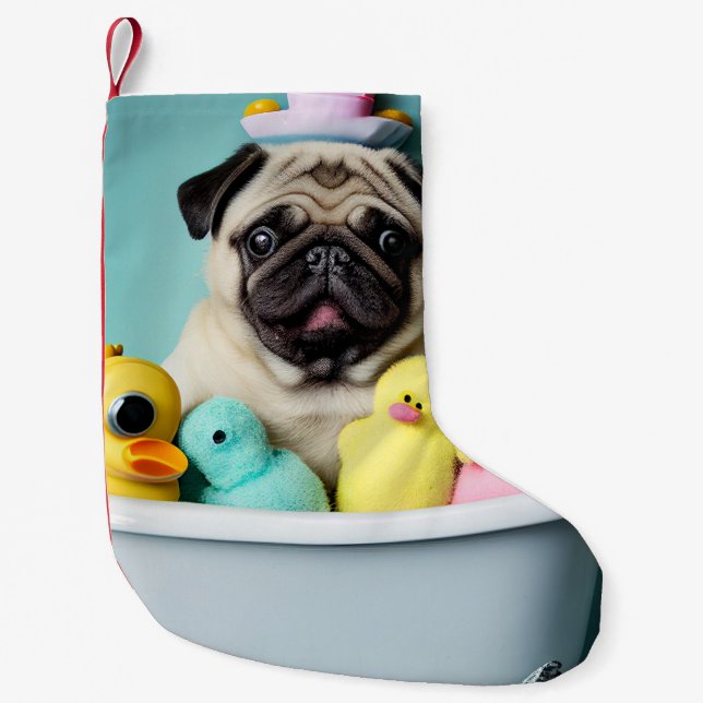 Pug Paradise: A Bathing Beauty in the Tub Small Christmas Stocking (Front)