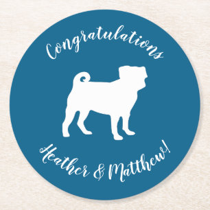 Pug Party Blue Theme Celebration Round Paper Coaster