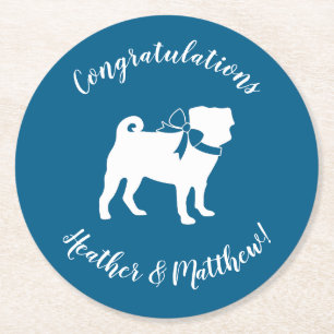 Pug Party Blue Theme Celebration Round Paper Coaster