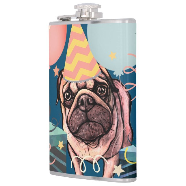 Pug Party Celebration Balloons Dog Photo Confetti Hip Flask (Left)