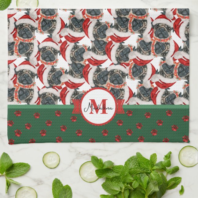Pug Pattern Monogram Christmas Dog Tea Towel (Folded)