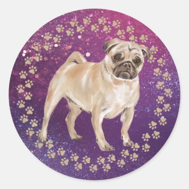 Pug Paw Prints and Space Background Classic Round Sticker (Front)