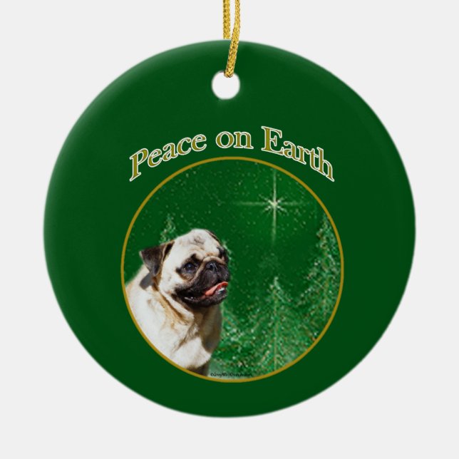 Pug Peace Ceramic Tree Decoration (Front)