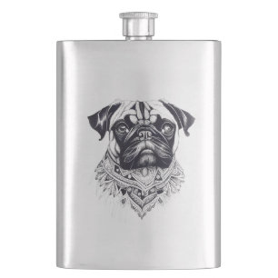 Pug Pet Animal Nature Illustration Art Tattoo Hip Flask