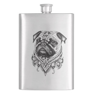 Pug Pet Animal Nature Illustration Art Tattoo Hip Flask