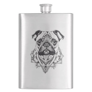 Pug Pet Animal Nature Illustration Art Tattoo Hip Flask