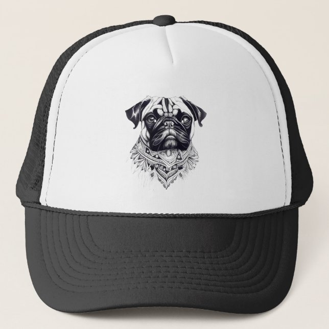 Pug Pet Animal Nature Illustration Art Tattoo Trucker Hat (Front)