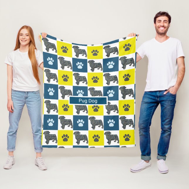 Pug Pet Dog & Paw Print Yellow Grid Silhouette Fleece Blanket (In Situ)
